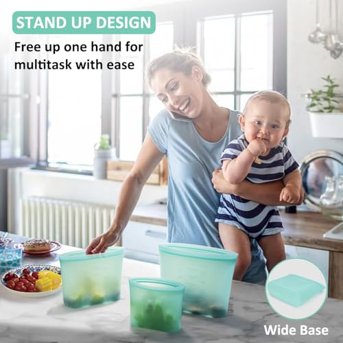 Reusable Food Bags, 12 Pack 100% Silicone Food Storage Bags Stand Up Zip Lock Container, Freezer Microwave Oven Dishwasher Safe, 4 Medium 4 Small 4 Extra Small, Aqua - color: Aqua | M+S+XS | 12 Pack