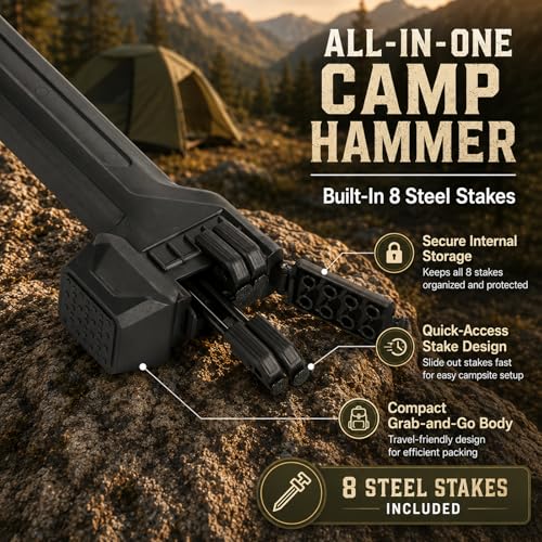 Northroad Tent Stake Hammer with 8 Pack Tent Stakes,Black Lightweight Camping Mallet with Nail Puller & Bottle Opener,Heavy Duty Tent Peg Hammer for Camping&Hiking - color: Black