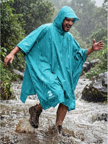 SaphiRose Hooded Rain Poncho Waterproof Raincoat Jacket for Men Women Adults - color: Algae Blue