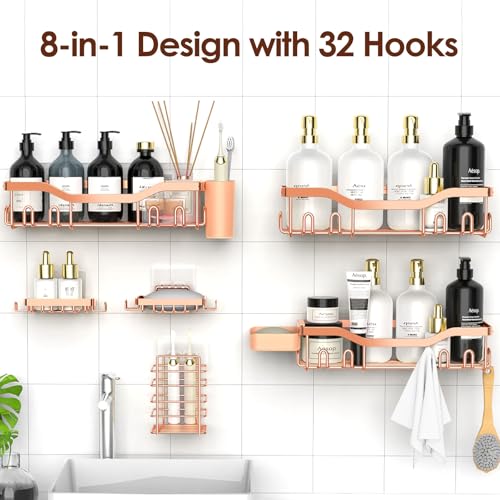 NESOMI Shower Caddy Adhesive Shower Organizer 8-Pack, Rustproof Stainless Steel Bathroom Shelves, Large Capacity No-Drill Rack Storage Accessories with Soap Dish Toothbrush Holder Hooks - color: Rose Gold, size: 8-Piece Set