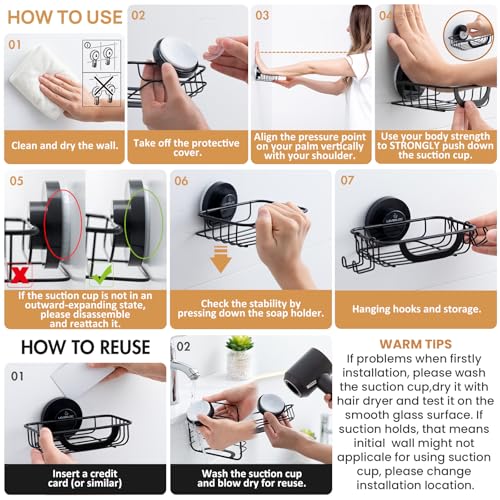 Bar Soap Holder with Hooks, Suction Cup Soap Dish Stainless Steel | Soap Holder Shower Wall Mounted, Soap and Razor Holder for Shower, Rustproof for Bathroom, Sponge Holder Saver, Black - color: Black, size: 1 Tire