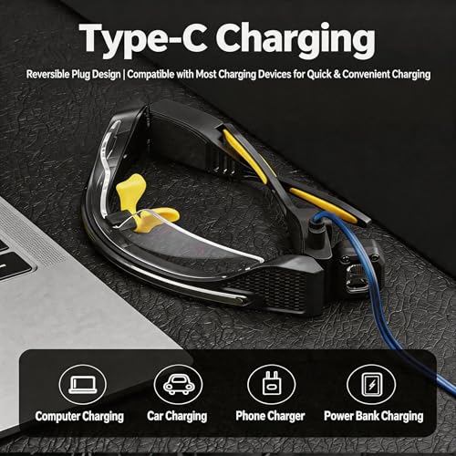 LED Glasses Rechargeable Headlamp with Motion Sensor, 3 Interchangeable Lenses (Clear/Yellow/Gray), Dual Adjustable Spotlights (White/Yellow), Strobe Mode, 3.07 oz, USB C for Camping Fishing Hiking