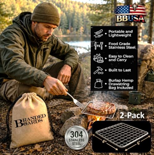 Portable Bushcraft Stainless BBQ Cooking Grill Grates & Burlap Hemp Drawstring Bag. Camping, Campfires, Backpacking, Hunting & Fishing. (Two Small Grills + Bag) - size: Two Small Grills + Bag