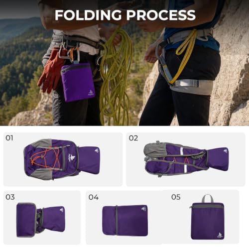 14L Small Hiking Backpack, Packable Travel Daypack for Men Women | Lightweight, Quick-Access Phone Pocket, Breathable, Water Resistant, Adjustable Straps, Emergency Whistle, Commuting Cycling - color: Purple
