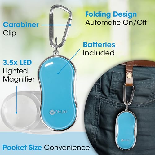 OttLite Pocket LED Magnifier with Carabiner Clip, Light Blue | 3.5x Pocket LED Magnifier | Automatic On/Off | Carabiner Clip Included - color: Light Blue