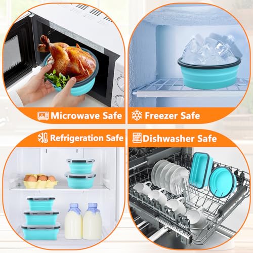 8 Pack Collapsible Food Storage Containers with Lid & Air Vent, 4 Rectangular and 4 Round Foldable Collapsible Storage Containers Sets, Lunch Bowls for Travel, Microwave Freezer Dishwasher Safe - color: Blue (4 Round Mixed oz + 4 Rectangle Mixed oz)