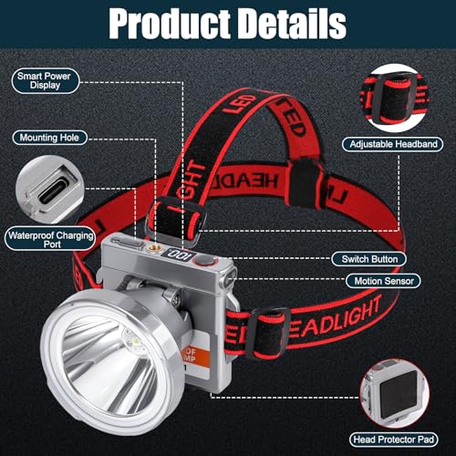 Super Lightweight Ultra-Thin LED Headlamp with Motion Sensor, 5000mAh Polymer Battery, 4 Modes with Battery Level Display IP65 Waterproof Perfect for Camping, Hiking, Fishing (YK-681Gray White light) - color: YK-681Gray White light