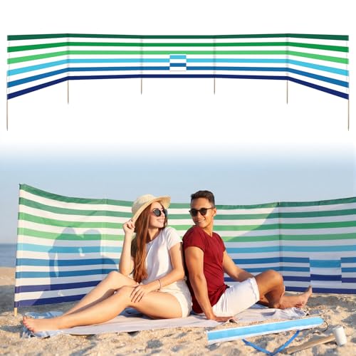 Cinnvoice 20ft Stripe Beach Windscreen Set Long Privacy Screen with 6 Hardwood Poles Rubber Mallet and Carry Bag Portable Beach Fence Wind Blocker for Summer Outdoor Sand Wind Protection - size: 20ft, style: Stripe