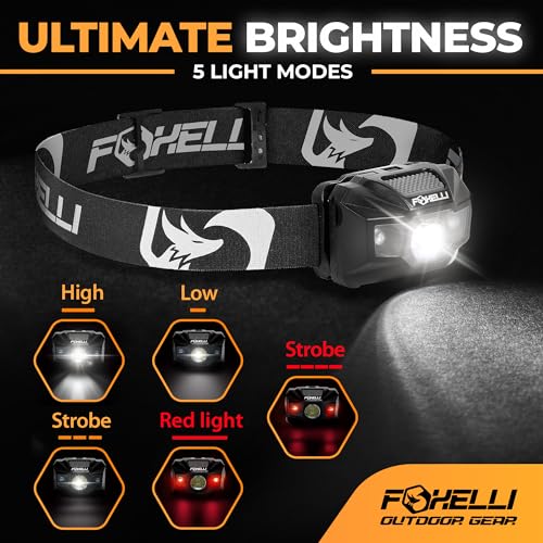 Foxelli USB‑C Rechargeable LED Headlamp – Ultra‑Light 2.4 oz & Bright 180 Lumens – Red/White Light, 5 Modes, IPX5 Waterproof, 40 h Runtime for Trail Running, Camping, Hiking - color: Black