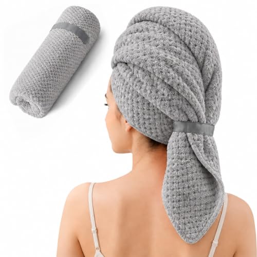 Large Microfiber Hair Wrap Towel for Women, Quick-Dry & Absorbent (Grey) | Absorbs water fast and reduces frizz, fits long and curly hair, soft, lightweight, secure elastic loop keeps wrap in place - color: Grey-1