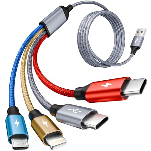 MPATIBY 4 in 1 Multi Charging Cable, 1 Pack 5FT Dual Input Charging Cords | USB A & USB C Inputs with Dual USB C, IP & Micro Outputs, Travel Essentials, Phone Charger for Multiple Devices - color: Red_Gray_Gold_Blue, size: 1Pack5FT