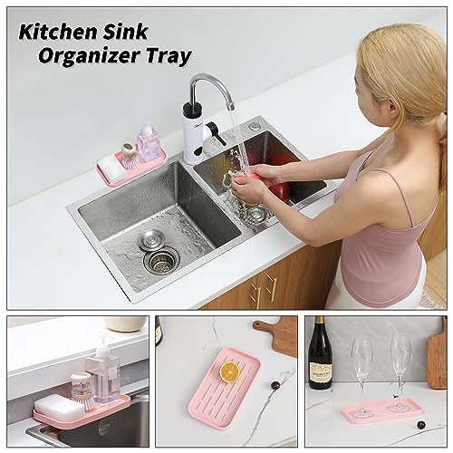 MicoYang Silicone Kitchen Sink Organizer Tray for Multiple Usage,Easy Clean,Eco-Friendly Sponges Holder for Kitchen Bathroom Counter or Sink,Dish Soap Dispenser,Scrubber,Bottle,Cup Pink 10”x 5.3” - color: Pink, size: 10" x 5.3" x 0.7"