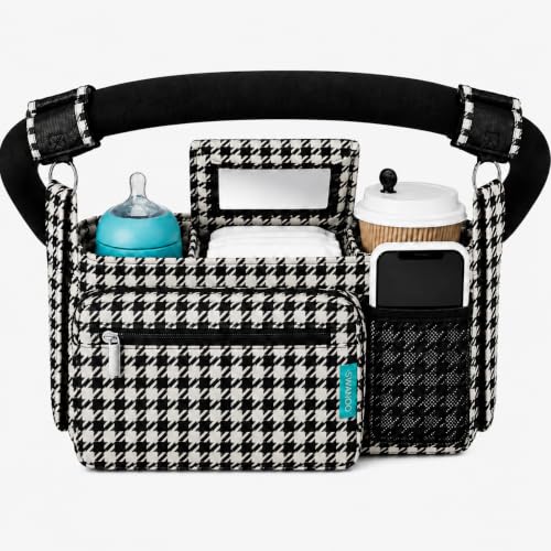 Swanoo Slip-Proof Stroller Caddy Organizer with Non-Slip Straps | Non-slip Grip Locks to any Handlebar,Cup Holder, Phone & Wipe Pockets,Fits UPPAbaby, Doona, Wonderfold. Backed for Life - color: Houndstooth