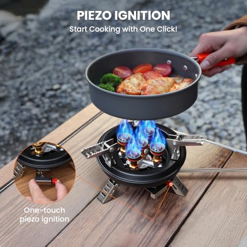 Portable Camping Stove with Propane Adapter - GEEKHOM 16000W Windproof Gas Stove Foldable Backpacking Stove, Piezo Ignition & Stable Pot Support for Outdoor Cooking Hiking