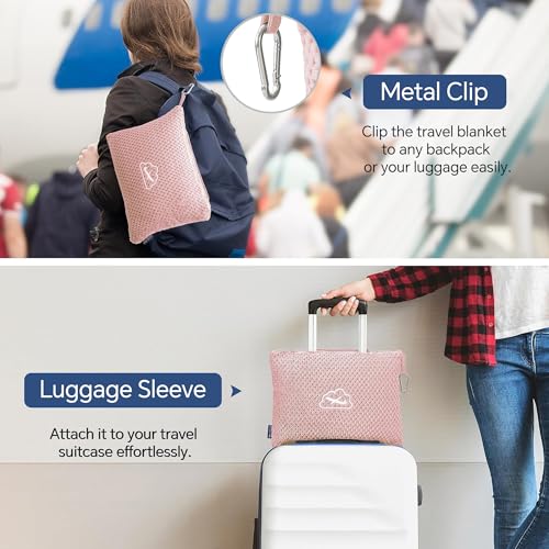BEDELITE Travel Blanket with Bag, Jacquard Fleece Blanket 65"x40", Pink | Ultra-soft Airplane Blanket, Luggage Sleeve & Backpack Clip, Travel Essentials for Women, Foldable as Pillow for Long Flight - color: Pink