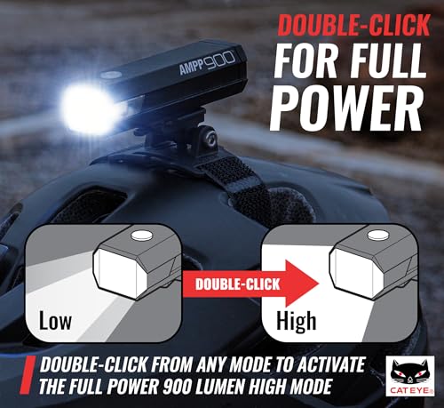 CATEYE AMPP USB Rechargeable Bike Light | Commuters, Road Cyclists & Mountain Bikers, Day & Night Riding Modes, IPX4 Waterproof, Tough & Durable - style: Ampp900 Helmet Mount
