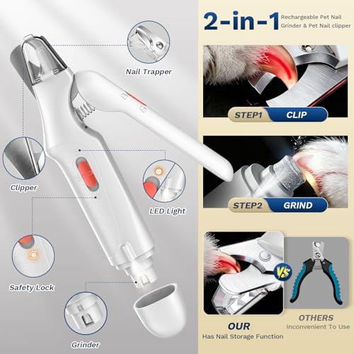 2-in-1 Dog & Cat Nail Clippers and Grinder with Catcher & 2 LED Lights - color: White