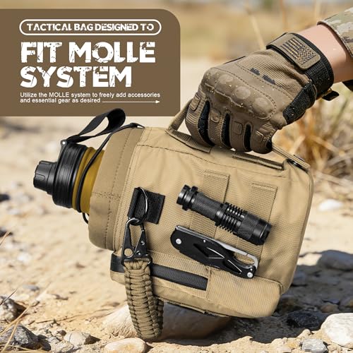 NATURE PIONEOR 64 oz Tactical Water Bottle with MOLLE Bottle Pouch & 3 Lids | 18/8 Food-grade Stainless Steel, Double Vacuum Insulation, 3 Leak-proof Lids, Handle, Strap, Camping, Hiking, Gym, Work - color: Brown Green, size: 64 Ounces