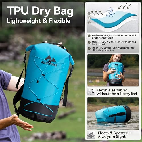 MARCHWAY Floating Roll Top Dry Bag, Flexible Lightweight TPU-coated Nylon Waterproof Backpack 20L/30L/40L with Padded Straps for Boating, Kayaking, Swimming, Hiking, Beach (Blue, 40L) - color: Blue, size: 40L