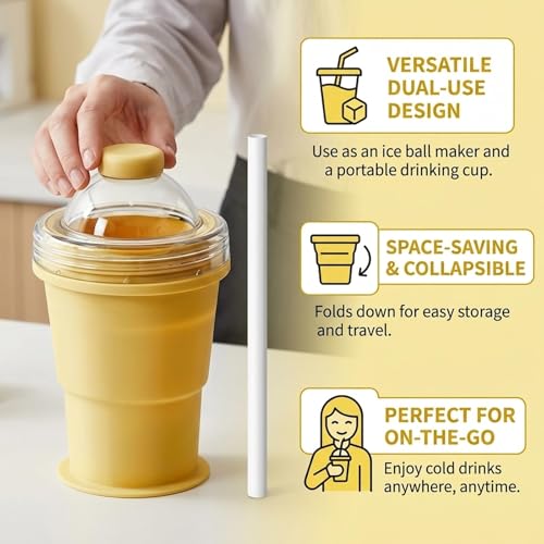 Ice Maker Cup, 2-in-1 Foldable Silicone Ice Ball Maker Cup, One Glass Ice Maker, Reusable Portable Ice Sphere Mold with Straw and Lid (yellow) - color: Yellow