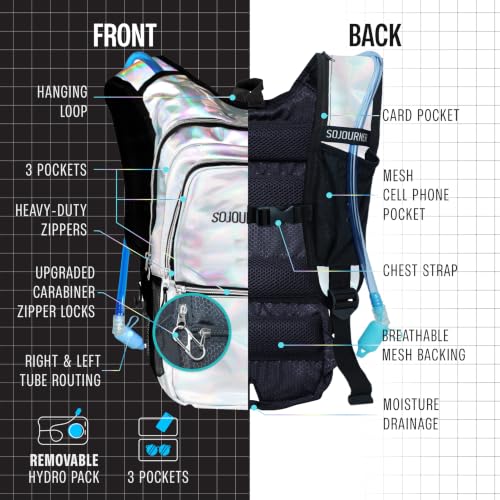 Sojourner Hydration Pack, Hydration Backpack - Water Backpack with 2l Hydration Bladder, Festival Essential - Rave Hydration Pack Hydropack Hydro for Hiking, Running, Biking, Festival Gear - color: Holographic - Silver