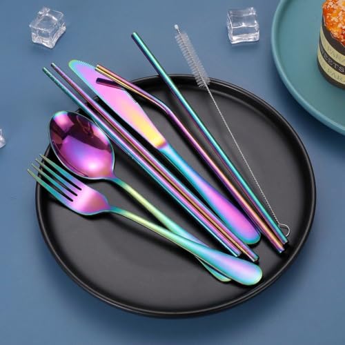 Portable Stainless Steel Flatware Set, Travel Camping Cutlery Set, Portable Utensil Travel Silverware Dinnerware Set with a Waterproof Case (Rainbow) - color: Rainbow