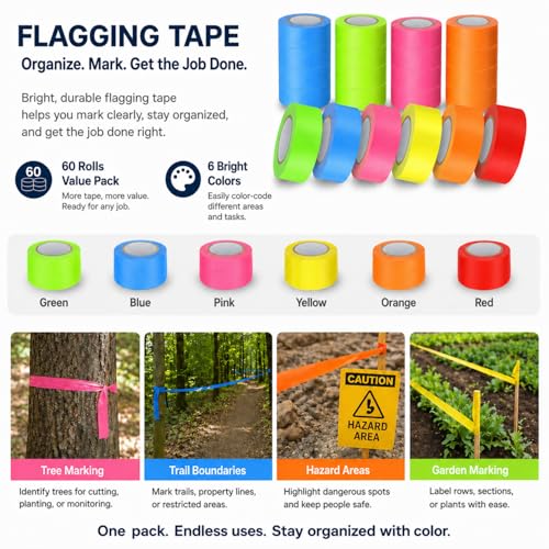 60 Pcs Flagging Tape Assorted Colors Non Adhesive Neon Marking Roll - color: Assorted Colors