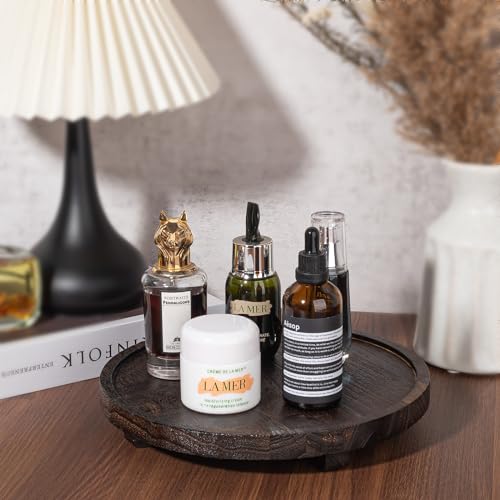 Round Decorative Tray Farmhouse Kitchen Decor Soap Dish, 10" Dark Brown | Waterproof, Lightweight, Easy Clean, Wood Riser Pedestal Stand Accessories for Office Desk, Vanity, Counter, Sink - color: Dark Brown, size: 10"