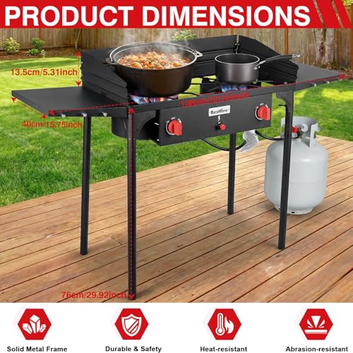 Bestfire 2 Burner Propane Stove, 150,000 BTU High Pressure Camping Burner | with Windscreen, Side Shelves, Removable Legs, CSA Certified for Outdoor BBQ Backyard Cooking - style: 2 burner with windpanel