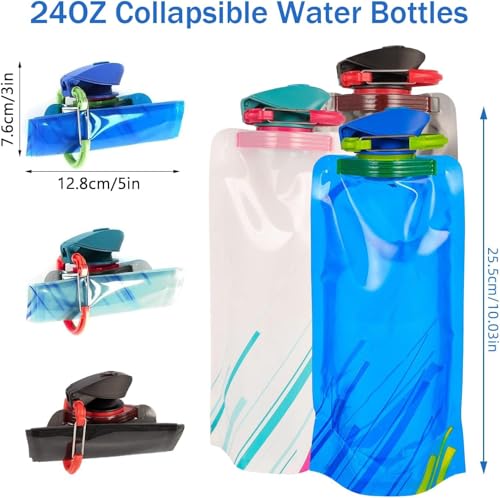 4 Pack Collapsible Water Bottles for Travel – 23oz Foldable Water Bottle with Carabiner,Leakproof BPA-Free Water Jup, Portable Reusable Water Bottle for Hiking,Sports,Camping,Biking
