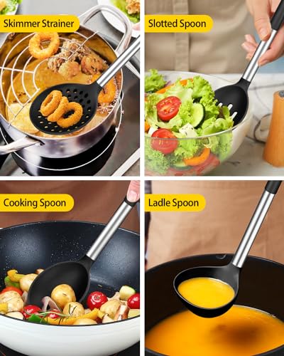 Silicone Cooking Utensils Set, 8 Pcs Kitchen Utensils with Holder, Black | BPA Free and Heat Resistant, Kitchen Tools for Non Stick Cookware include Spatulas, Turners, Spoons, Skimmer and Pasta Fork - color: Black