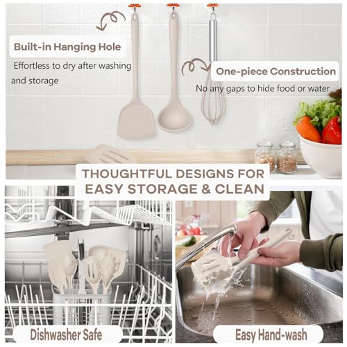 TeamFar Silicone Cooking Utensils, 10 pcs Kitchen Cooking Utensils Set | Heat Resistant Kitchen Gadgets Tools Set w/Spatula, Turners, Spoons, Soup Ladle, Pasta Server for Nonstick Cookware, Khaki - color: Khaki