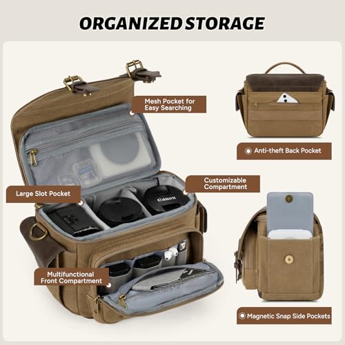 RAINSMORE Camera Bag, Vintage Canvas Camera Sling Bag Crossbody Camera Case - color: Khaki