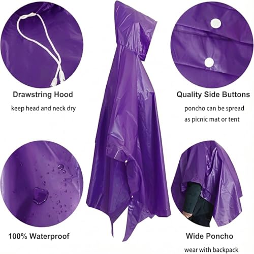 UPSEN Rain Ponchos for Adults, 2 Pcs Reusable Raincoats Coats Jackets Emergency for Women Men with Hood - color: Purple