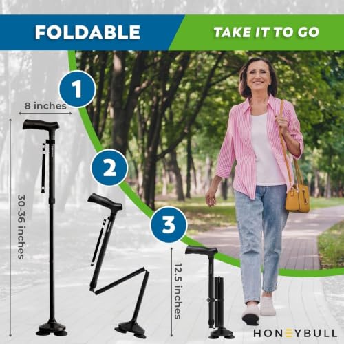 HONEYBULL Walking Cane for Men & Women, Foldable Free Standing Cane | Adjustable Height, Collapsible Design, Heavy-Duty, Pivot Base for Stable Support, Ergonomic Handle - color: Black