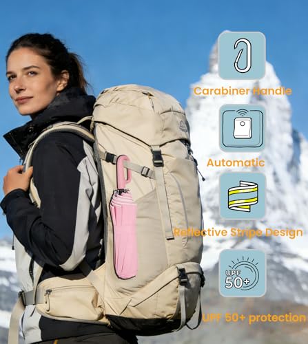 SIEPASA Travel Umbrella with Carabiner Handle - Windproof 10 Ribs Auto Open/Close for Rain & Sun Protection, Compact Portable Clip-on Backpack Design with Safety Reflective Strip. - color: UV-Light Pink
