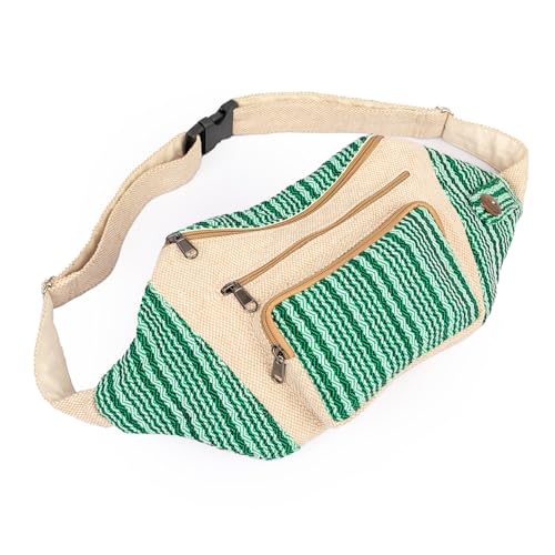 Freakmandu Eco-Friendly Boho Hippie Style Hemp Fanny Pack White Hip Waist Bag for Hiking Running Jogging - color: Green Stripe