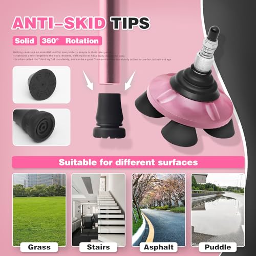 BigAlex Folding Walking Cane with LED Light,Pivoting Quad Base,Adjustable Walking Stick with Carrying Bag for Men/Women - color: Pink(4'9"-5'6")