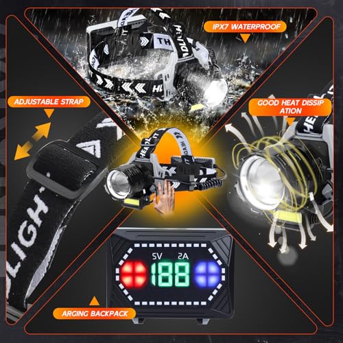 LED Headlamp Rechargeable 1000 Lumens Super Bright with 10 Modes & Motion Sensor, 2 Pack Head Lamp with Zoomable, IPX7 Waterproof, 135°Adjustable for Outdoor Hiking Camping
