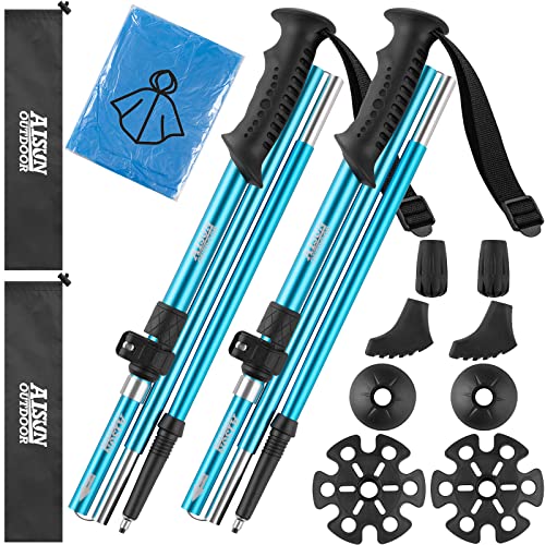 AISUNOURDOOR Lightweight Adjustable Trekking Poles, Aluminum Collapsible Travel Hiking or Walking Sticks for Women Children, with One Disposable Raincoat - color: Blue