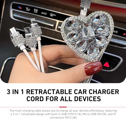 3-in-1 Car Retractable Multi Charging Cable, Rhinestone Heart Data Sync & Fast Charger with Lightning/Micro/Type-C USB Connectors for Most Phones (White) - color: White