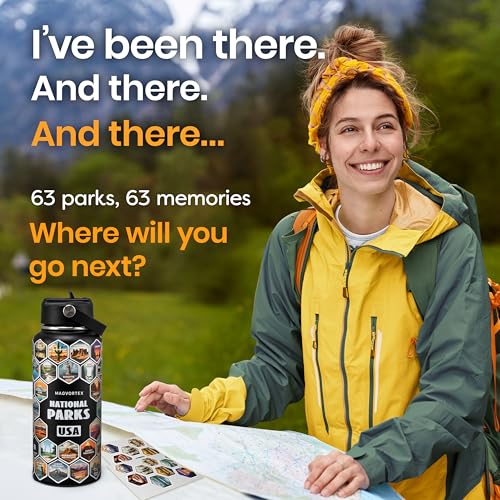 National Parks Black Water Bottle with Durable Stickers – 32oz Insulated Stainless Steel Water Bottle with Spout Lid – Insulated for Cold and Hot Drinks – Metal Bottle for Gym, Hiking, Camping - color: Black