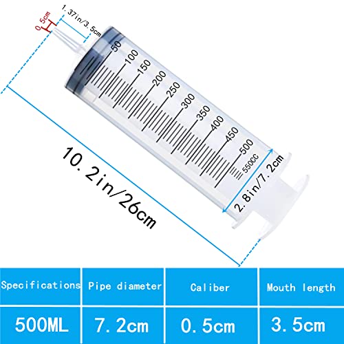 Syringe with Tubing Hose, 500ml Large Plastic Syringe with 3.28 Feet Handy Tubing for Scientific Labs, Watering, Refilling, Filtration, Motoring Application, Set of 1