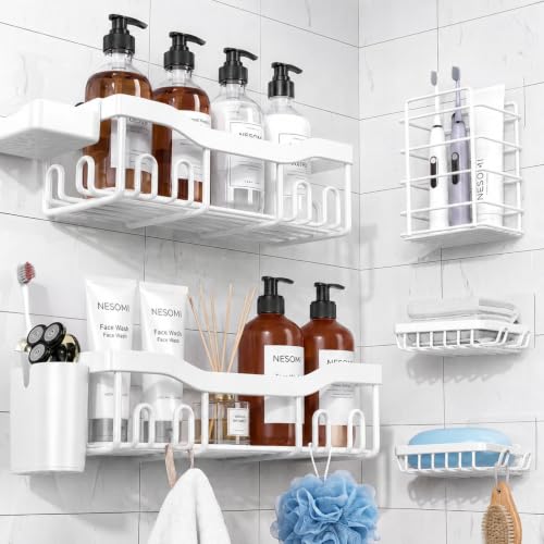 NESOMI Shower Caddy Adhesive Shower Organizer 7-Pack, Rustproof Stainless Steel Bathroom Shelves, Large Capacity No-Drill Rack Storage Accessories with Soap Dish Toothbrush Holder Hooks - color: White, size: 7-Piece Set