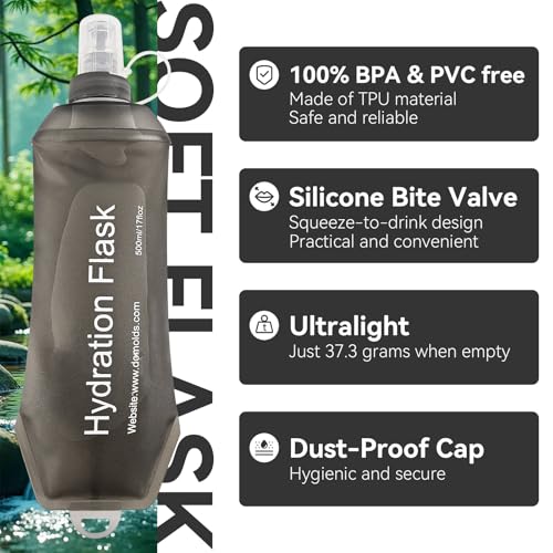 2 Pack 500ml Soft Flask, Shrink As You Drink Collapsible Water Bottles for Running Vest & Hydration Pack, BPA-Free Leak-Proof TPU Folding Bottle for Hiking Cycling Climbing Jogging-Grey - color: Grey
