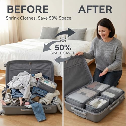 6 Set Compression Packing Cubes for 7–14 Day Travel, Charcoal Gray - color: Charcoal Gray