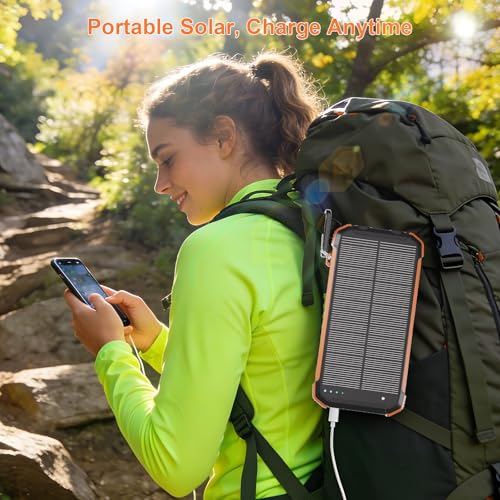 Solar Charger Power Bank 20000mAh, Wireless Fast Charging Battery Pack with 3 Built-in Cables & USB-C Input, Dual LED Flashlights, Portable Phone Charger for Camping, Travel & Emergency Use - color: Orange