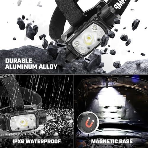 Headlamp Rechargeable, 2000 Lumen Motion Sensor LED Head Lamp with Red Light for Adults, 4000 mAh Battery Powered Super Bright USB C Hard Hat Headlight Forehead for Camping Hunting Hiking Running - size: 9 modes