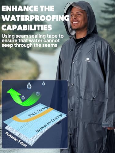 ANYOO Waterproof Raincoat Men Women Packable Hooded Reflective Pockets | Adjustable drawstrings & cuffs for windproof fit，breathable material, non-sticky comfort for all-day wear - color: R Grey