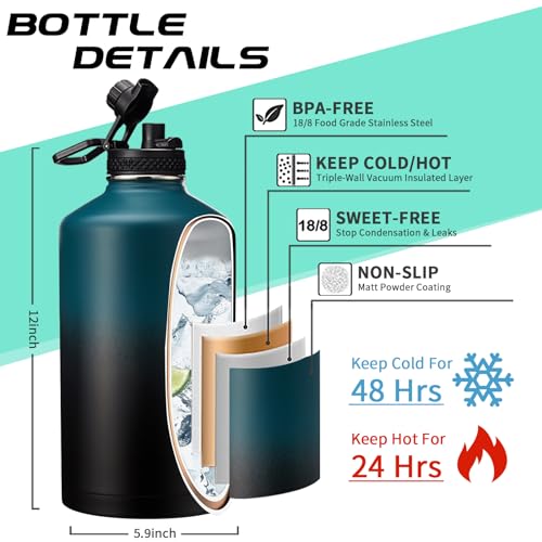 1 Gallon Water Bottle Stainless Steel - 128oz Insulated Flask Water Bottle with Sleeve Strap, Big Water Jug with Straw & Spout Lid, Gym Camping Gallon Water Bottle w/Paracord Handle, protective Boot - color: Indigo Black Gradient, size: 128 Ounces